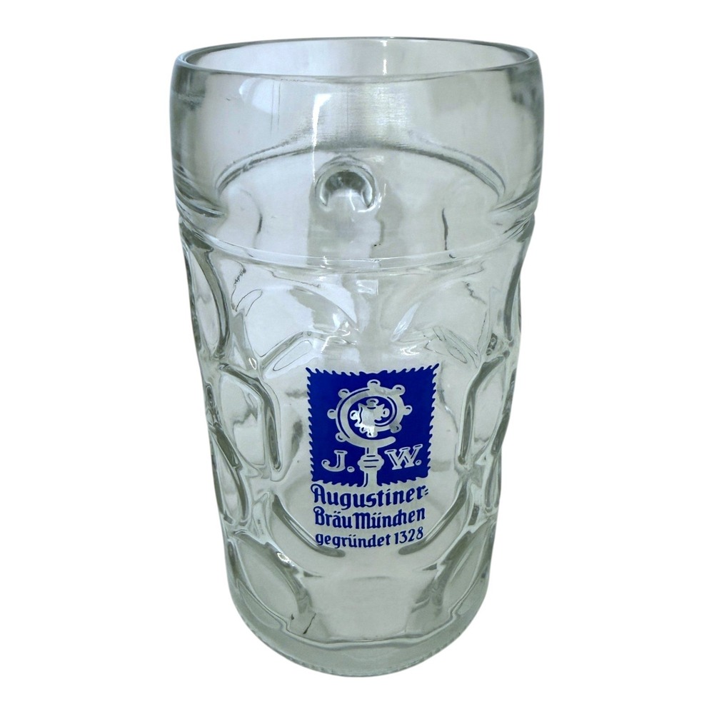 Vintage Augustiner-Brau Muchen 1L Glass Beer Stein Dimpled Mug Munich Germany